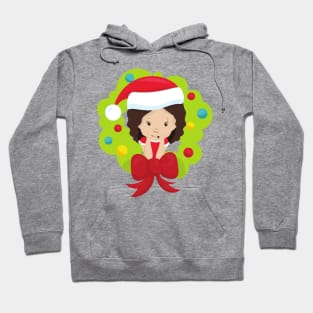 Christmas Girl, Brown Hair, Christmas Wreath Hoodie